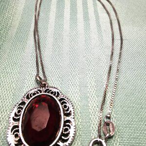 Italian 925 Sterling Silver Box Chain Necklace 18" Red Faux Garnet Pendant 1990s